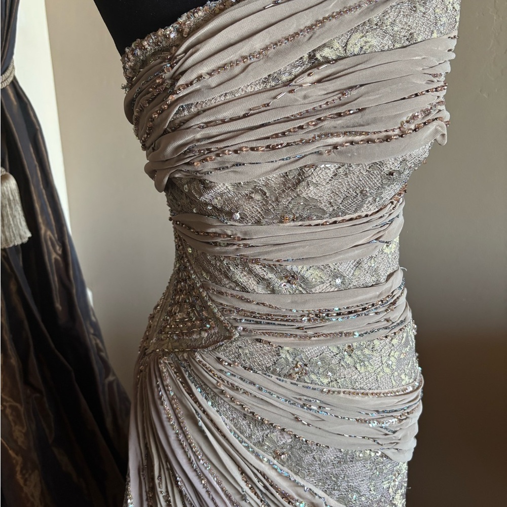 One-Shoulder Ivory Evening Gown with Beaded Detail - Picture 3 of 8